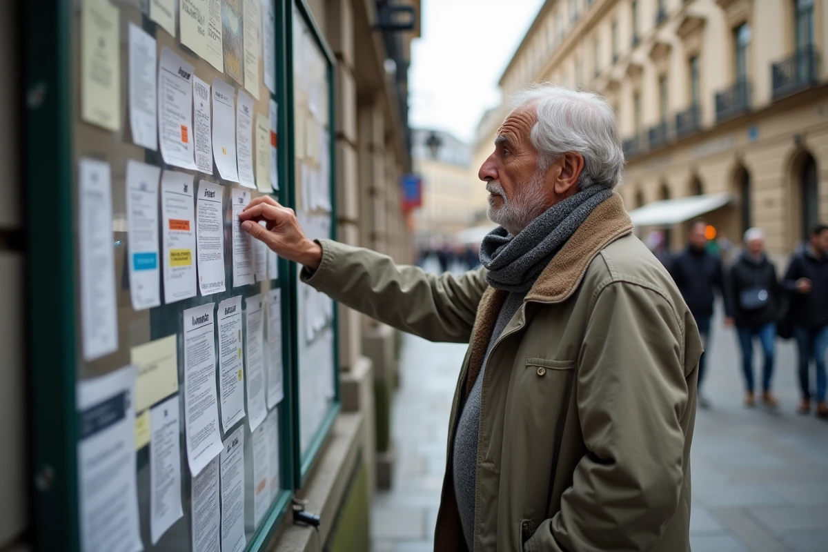 Homme cherchant le mot sorlav sur un panneau urbain