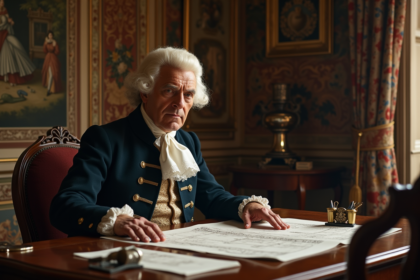 Homme d'époque en costume 18e siècle étudiant des croquis de mode