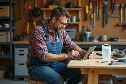 Homme d age moyen travaillant dans un atelier organisé