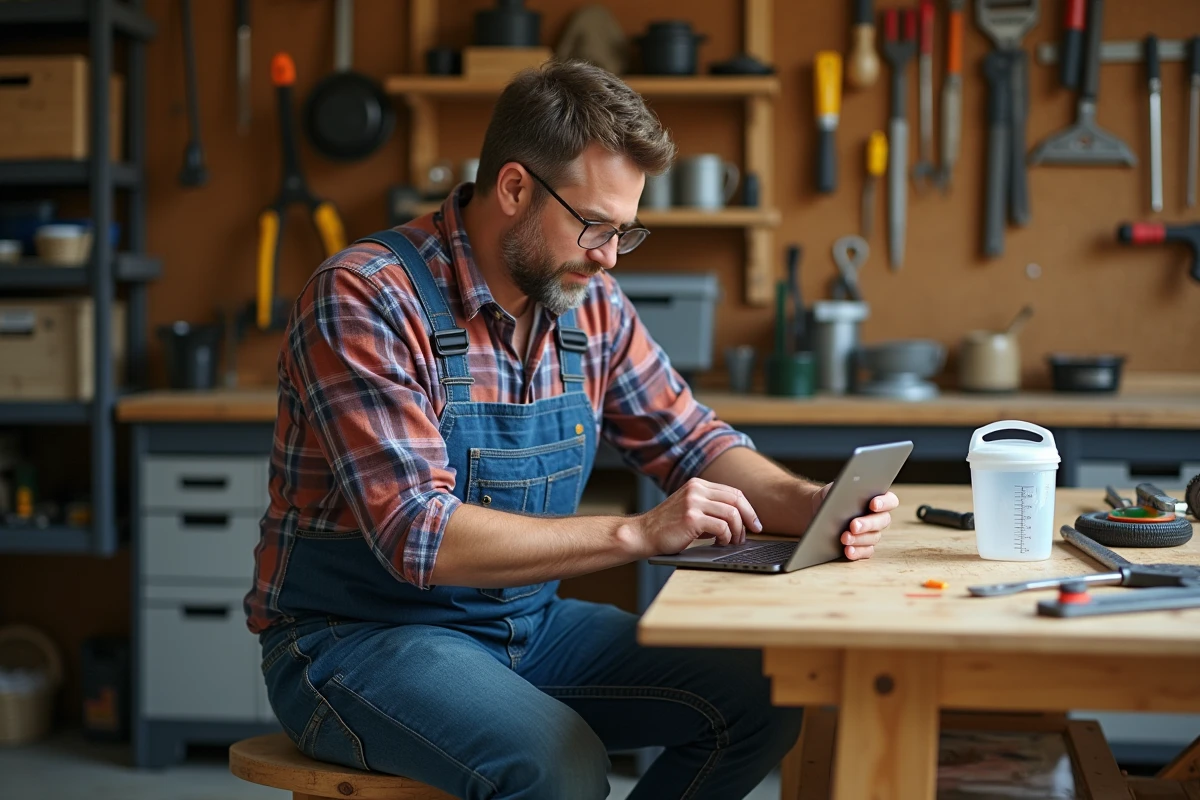 Homme d age moyen travaillant dans un atelier organisé