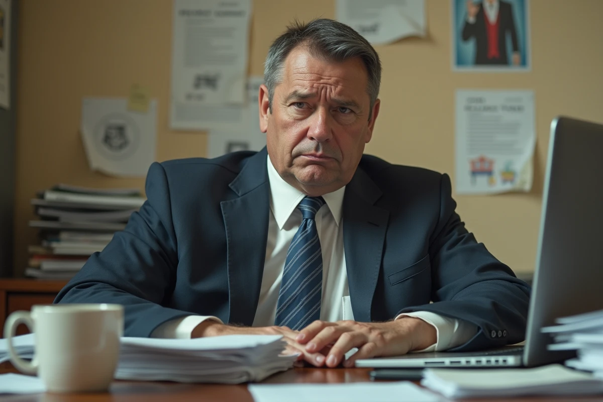 Homme d affaires au bureau désordonné regardant un site politique