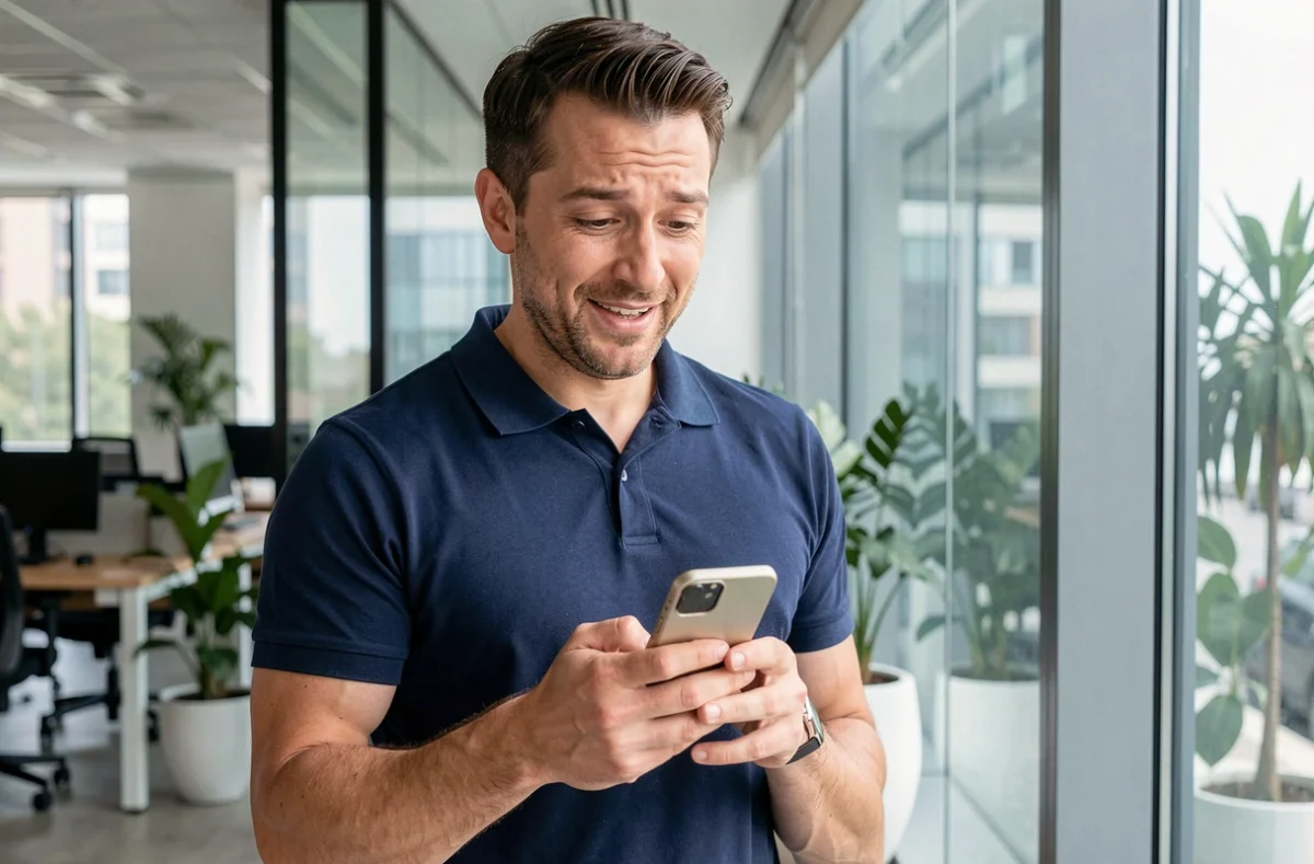 Homme en bureau consultant son numéro de téléphone Lebara sur son mobile