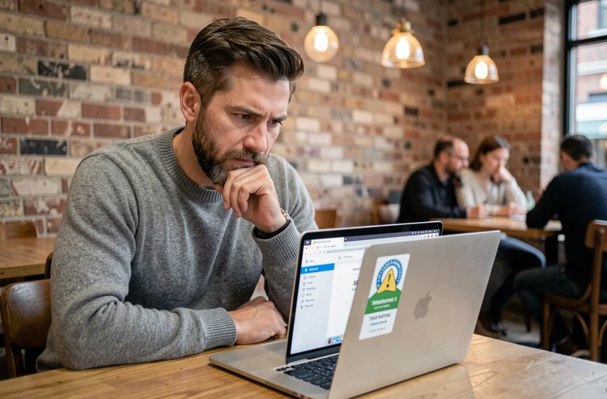 Homme dans un café consultant un avertissement d'indice de confiance faible sur son ordinateur portable