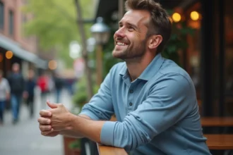 Homme souriant en polo coton bleu en extérieur