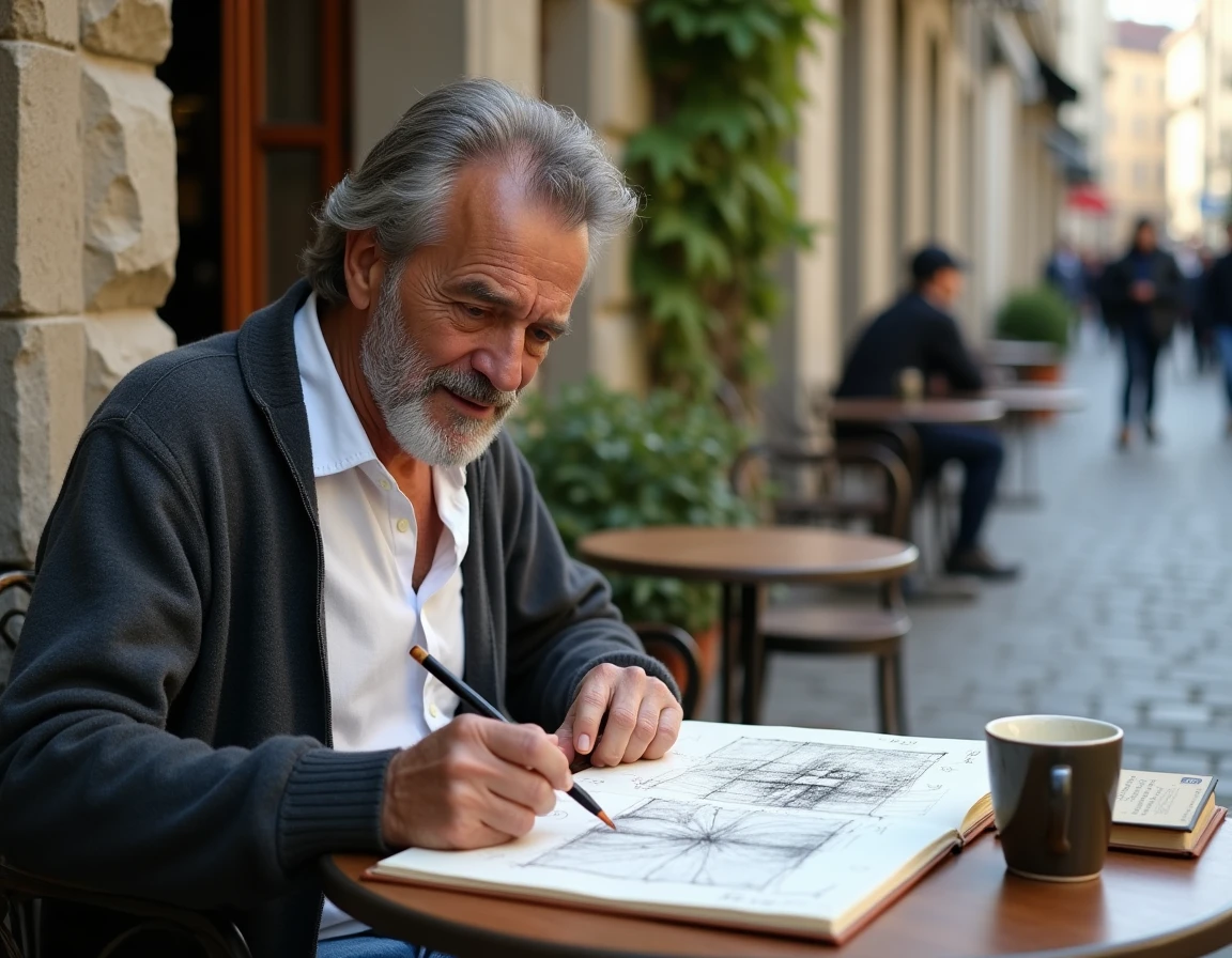 Homme passionné dessinant des grilles de perspective inspirées d'Escher dans un carnet à une terrasse de café européen