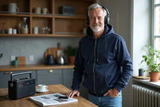 Homme d'âge moyen écoute la radio dans la cuisine chaleureuse