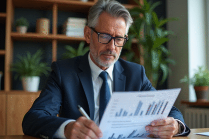 Homme en costume lisant un rapport financier dans un bureau moderne