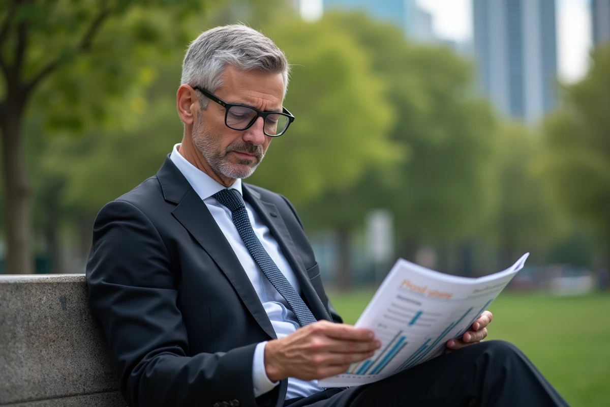 Homme lisant un prospectus ETF dans un parc urbain