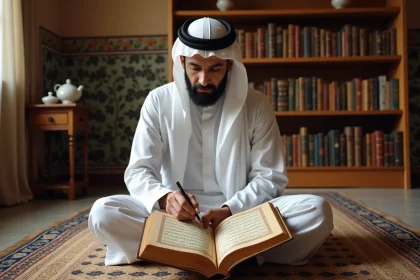 Homme tenant un livre de calligraphie arabe ouvert avec l'expression Allahouma barik écrite en arabe classique