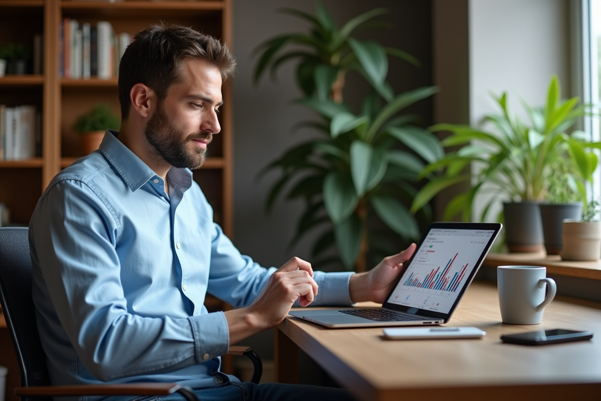 Homme en home office analysant des données sur une tablette