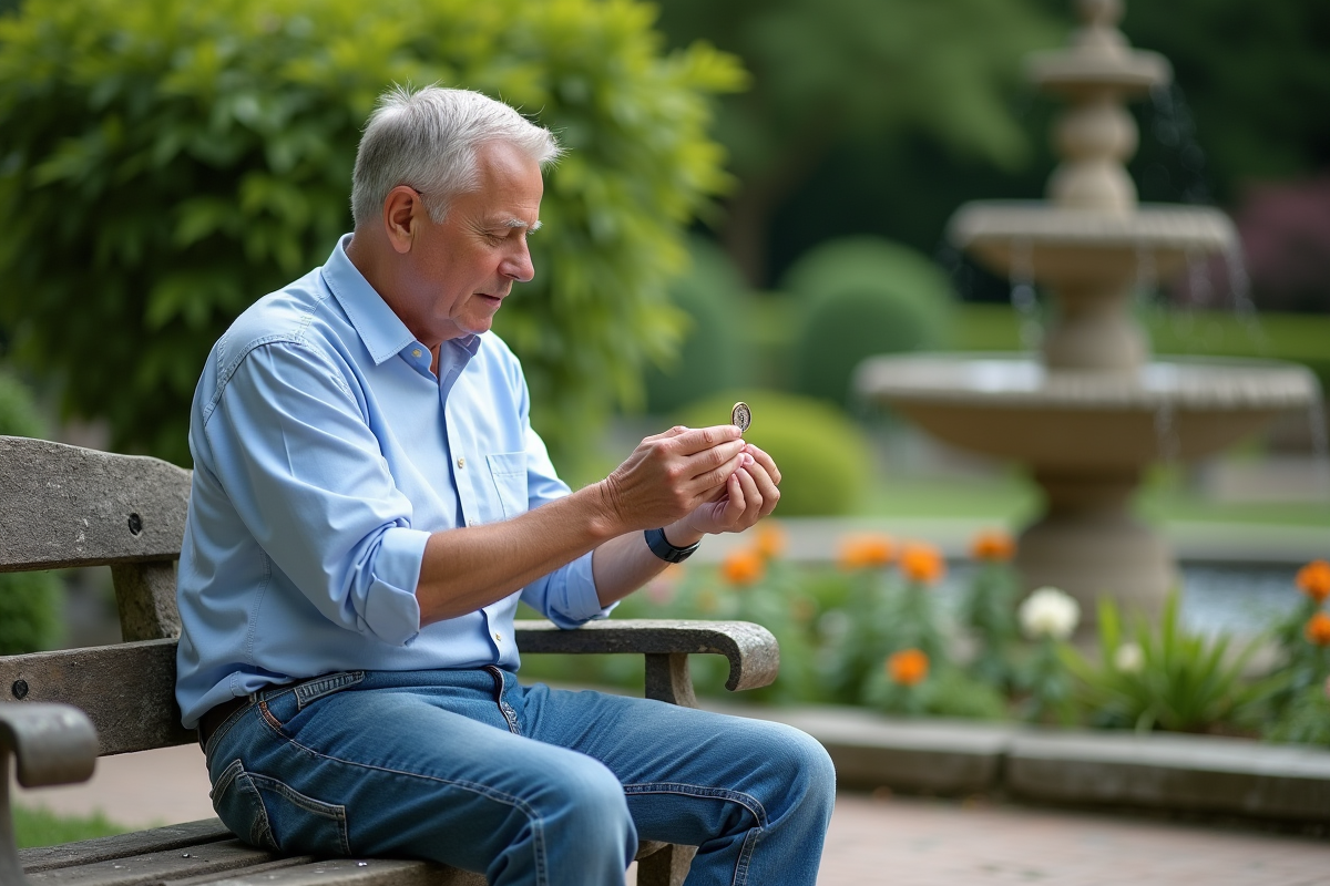 Homme contemplant une médaille de saint dans un jardin