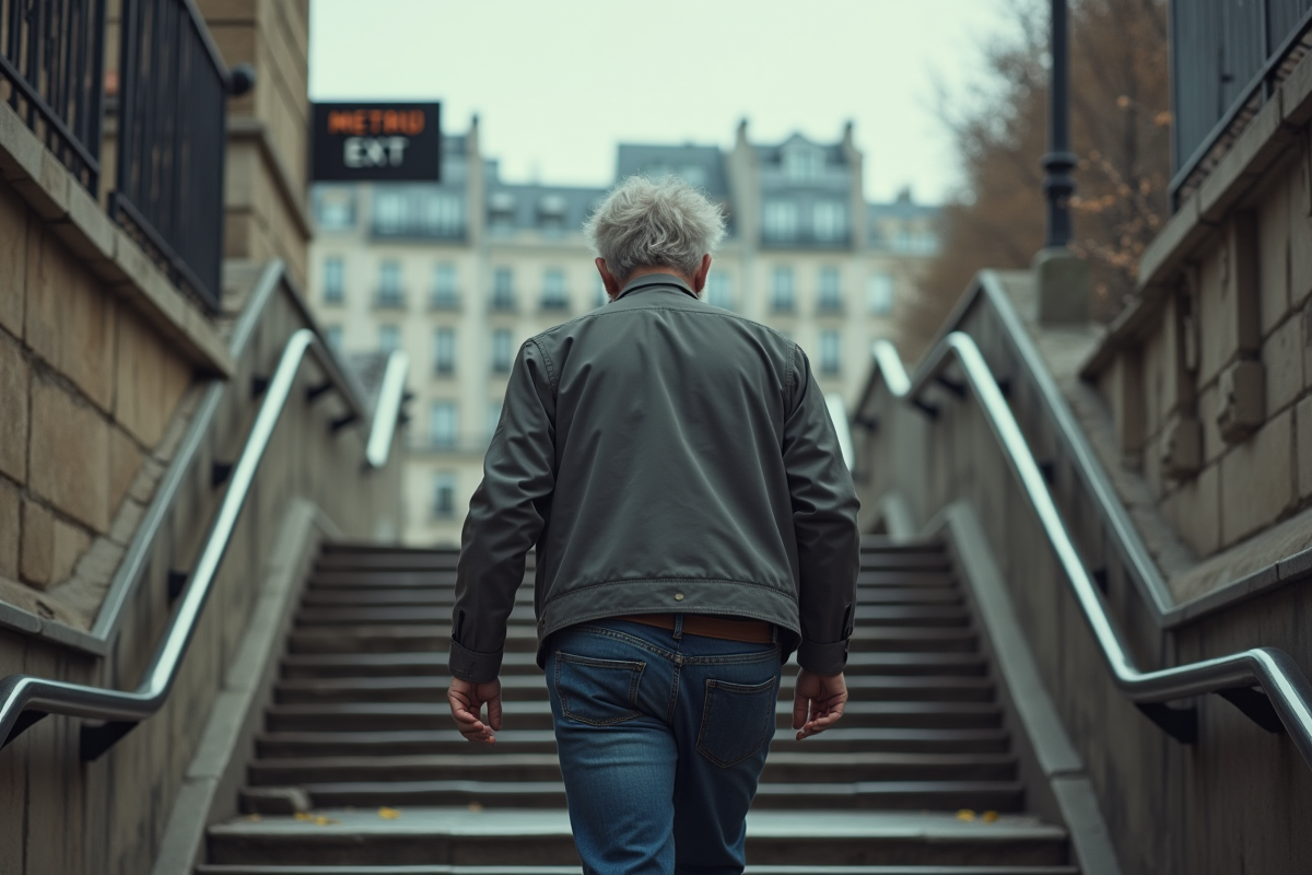 Homme âgé montant un escalier parisien en extérieur