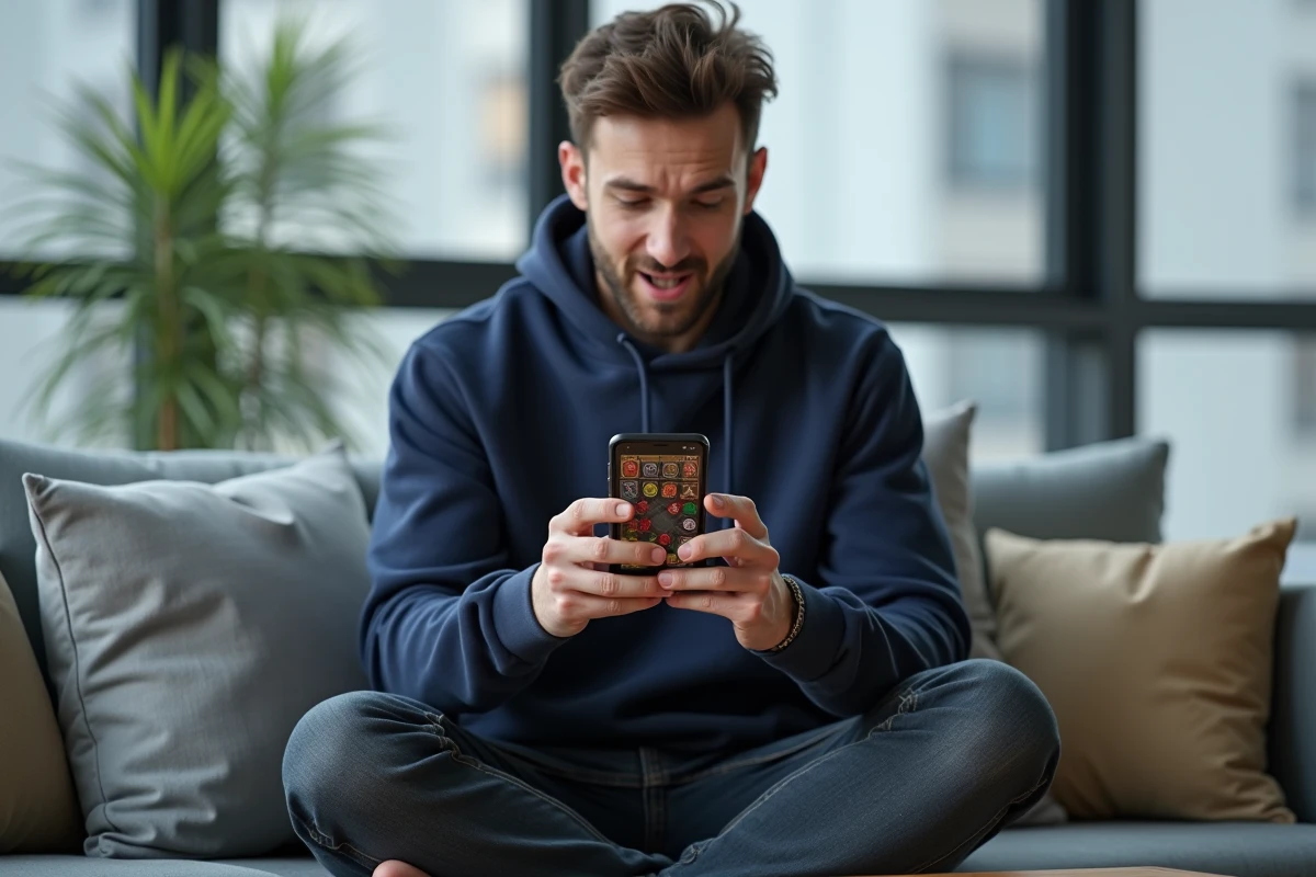 Homme jouant à Monopoly Go sur canapé avec son téléphone, découvrant les mécaniques de liens pour obtenir des lancers gratuits