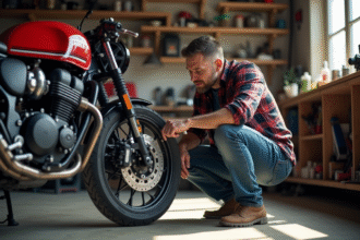 Homme inspectant une moto Honda Dax dans un garage ensoleille