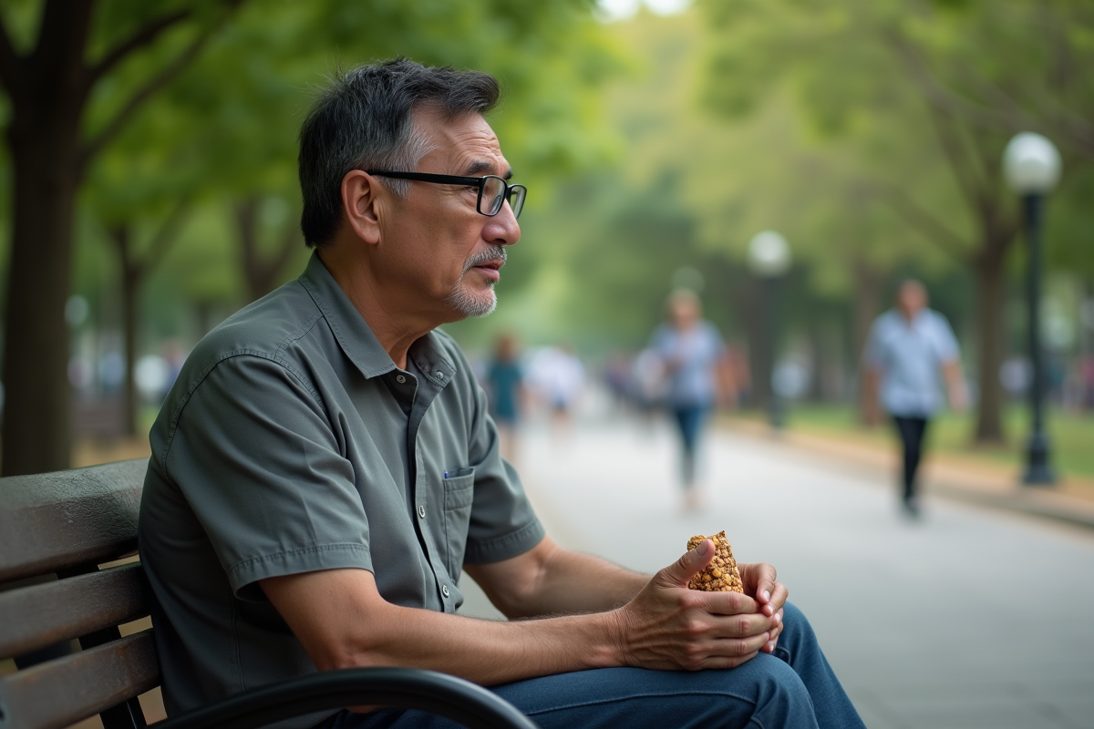 Homme pensif assis sur un banc dans un parc