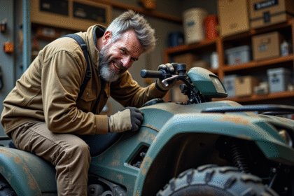 Homme d'âge moyen inspectant son quad en garage