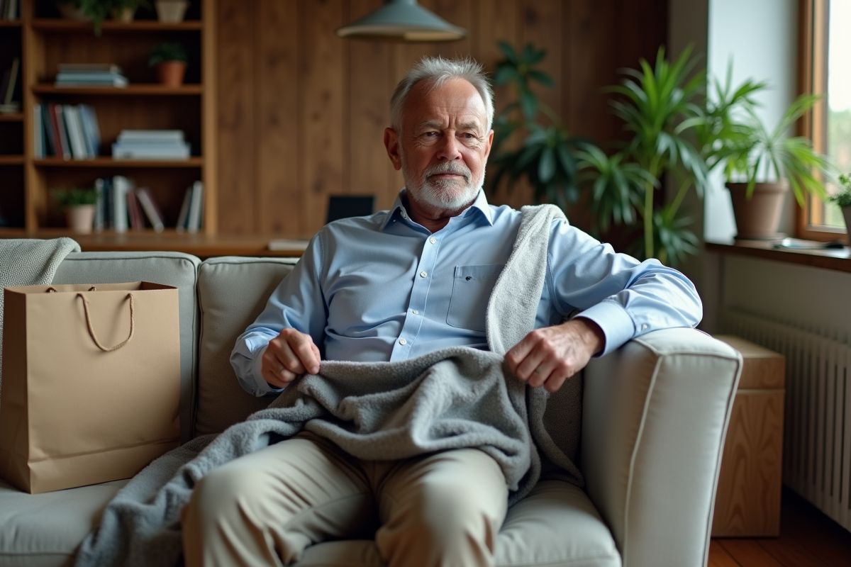 Homme déplie une veste dans un salon chaleureux