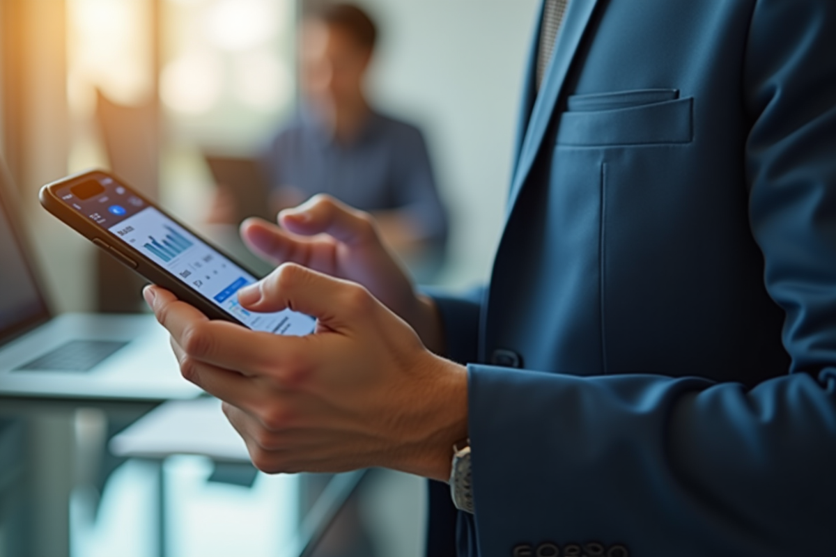Homme utilisant une application financière sur smartphone