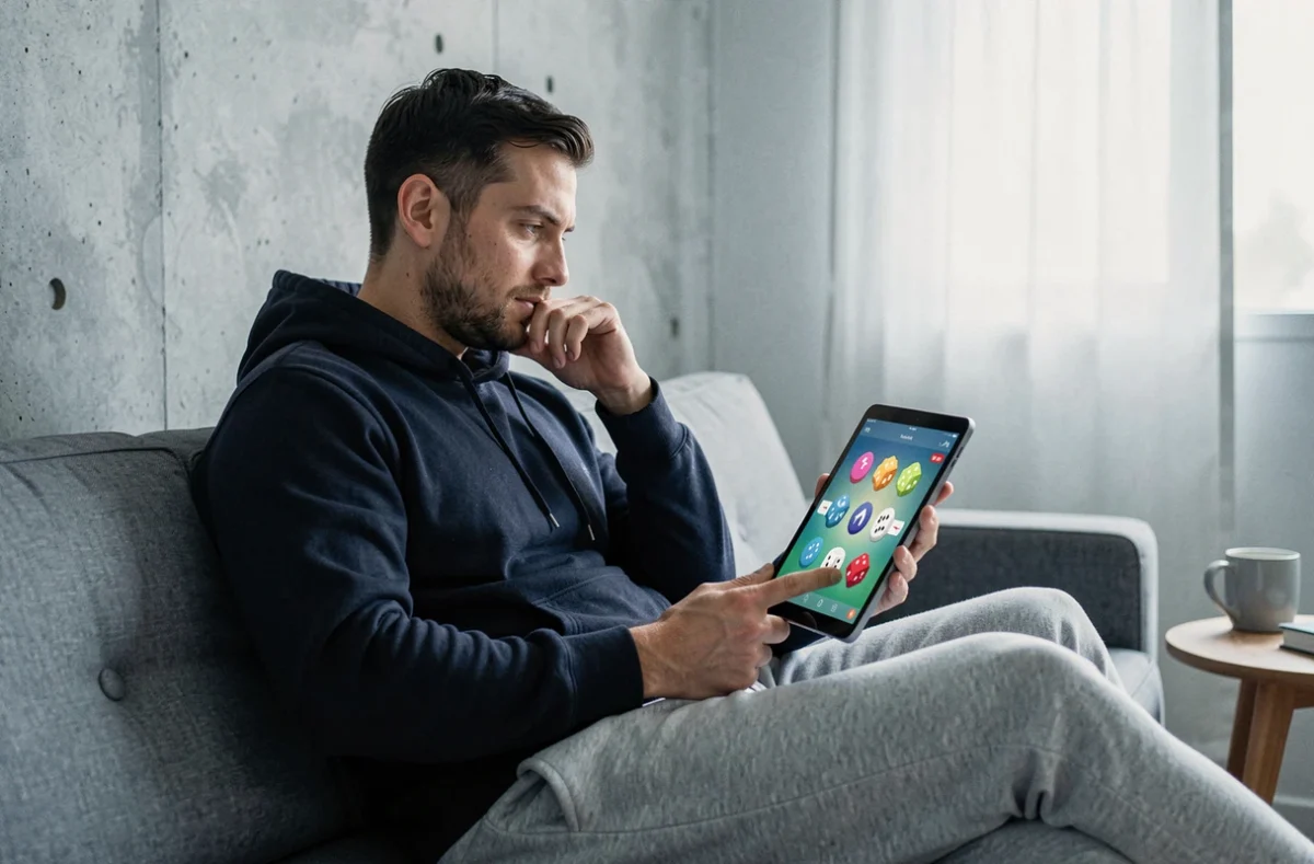 Homme adulte réfléchissant à sa stratégie pour dépenser ses dés gratuits dans Monopoly Go sur tablette