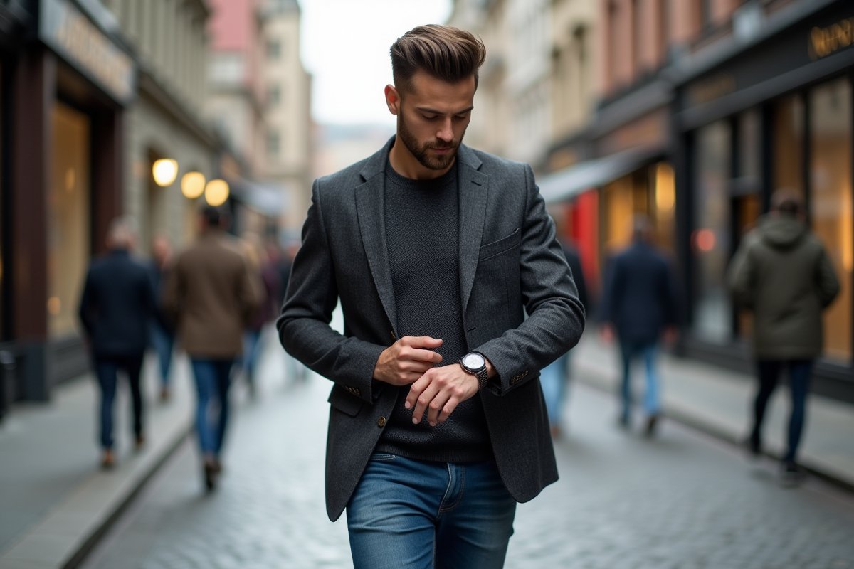Homme en style urbain marchant dans la rue animée