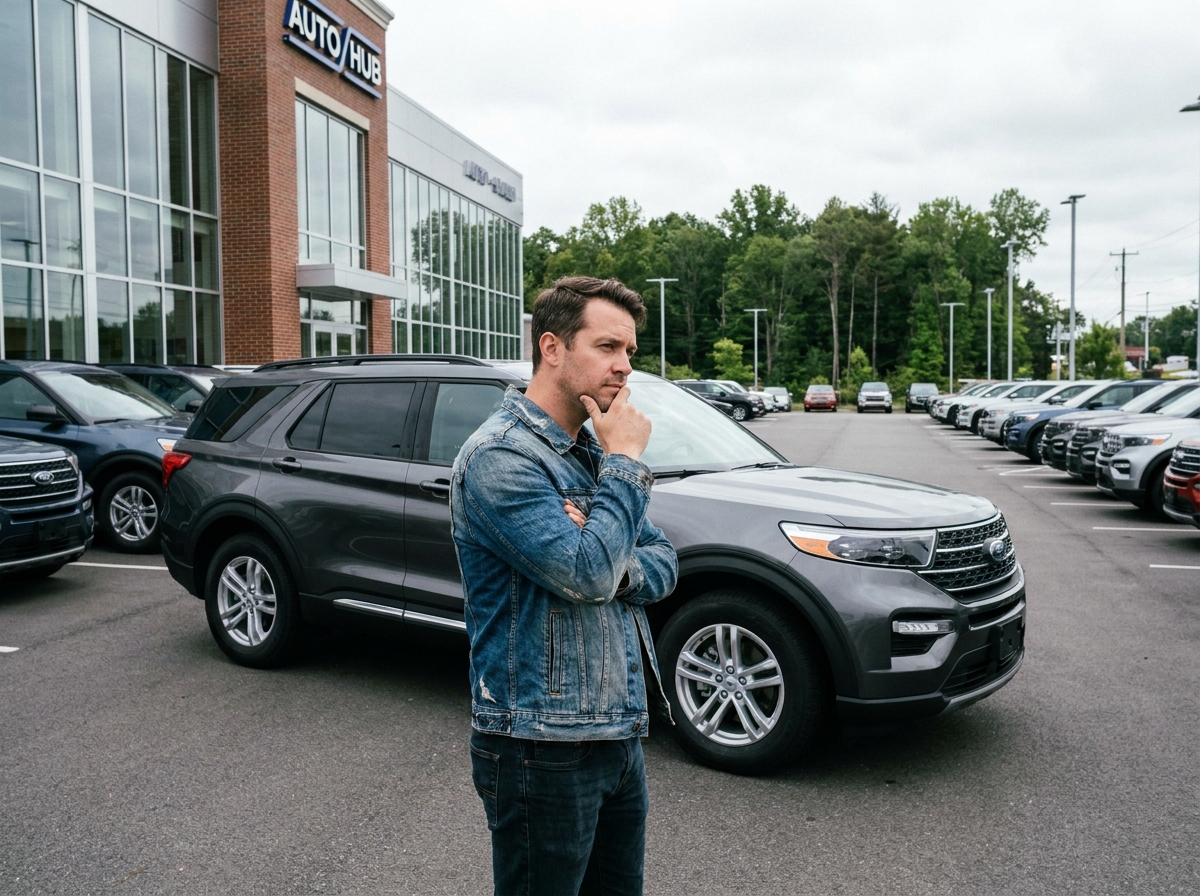 Homme contemplant un SUV dans un concessionnaire moderne
