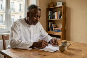 Homme consultant un tableau mensuel des horaires de prière imprimé dans un appartement d'Ivry-sur-Seine