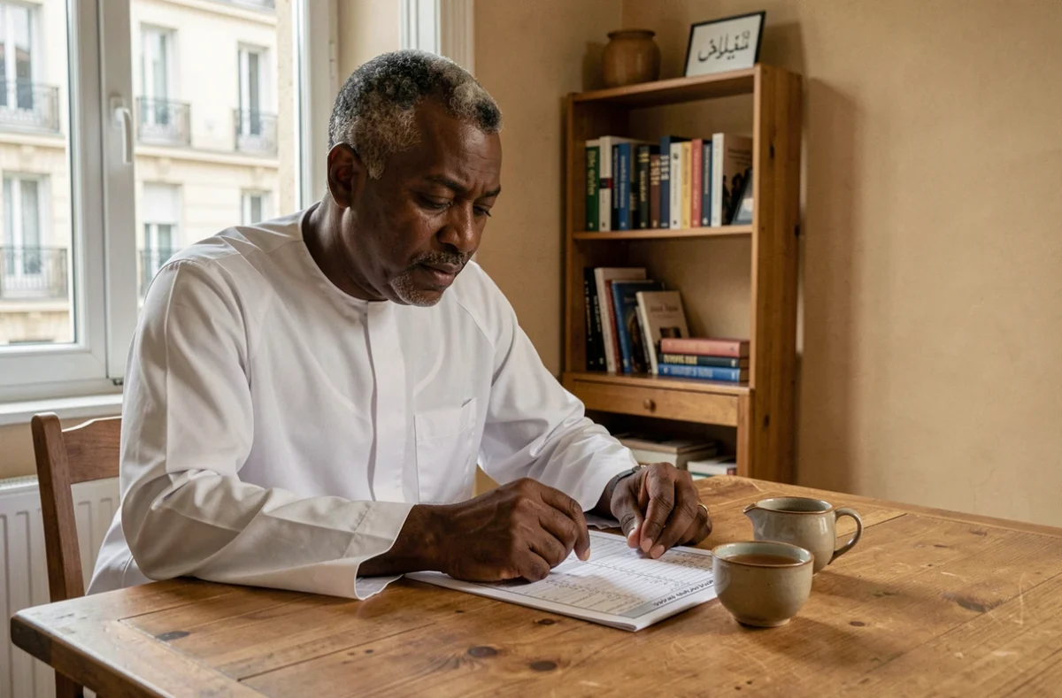 Homme consultant un tableau mensuel des horaires de prière imprimé dans un appartement d'Ivry-sur-Seine