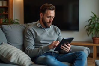 Homme assis sur un canapé moderne avec une tablette dans un salon contemporain
