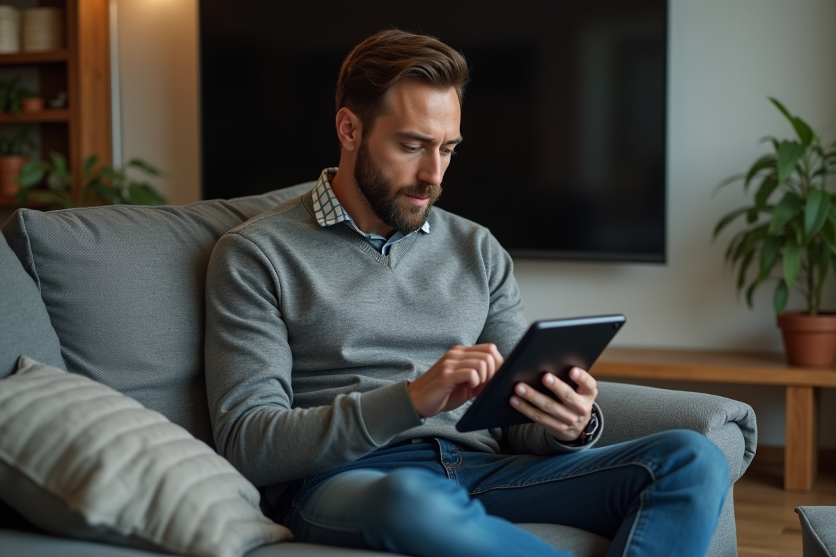 Homme assis sur un canapé moderne avec une tablette dans un salon contemporain