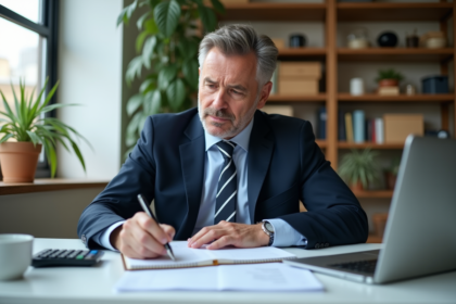 Homme d'âge moyen en costume navy dans un bureau lumineux