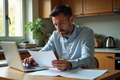 Homme d'affaires au travail dans sa cuisine lumineuse