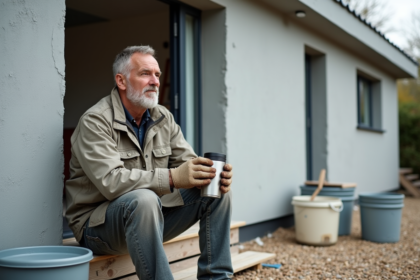 Homme en tenue de travail lors d'une rénovation de façade