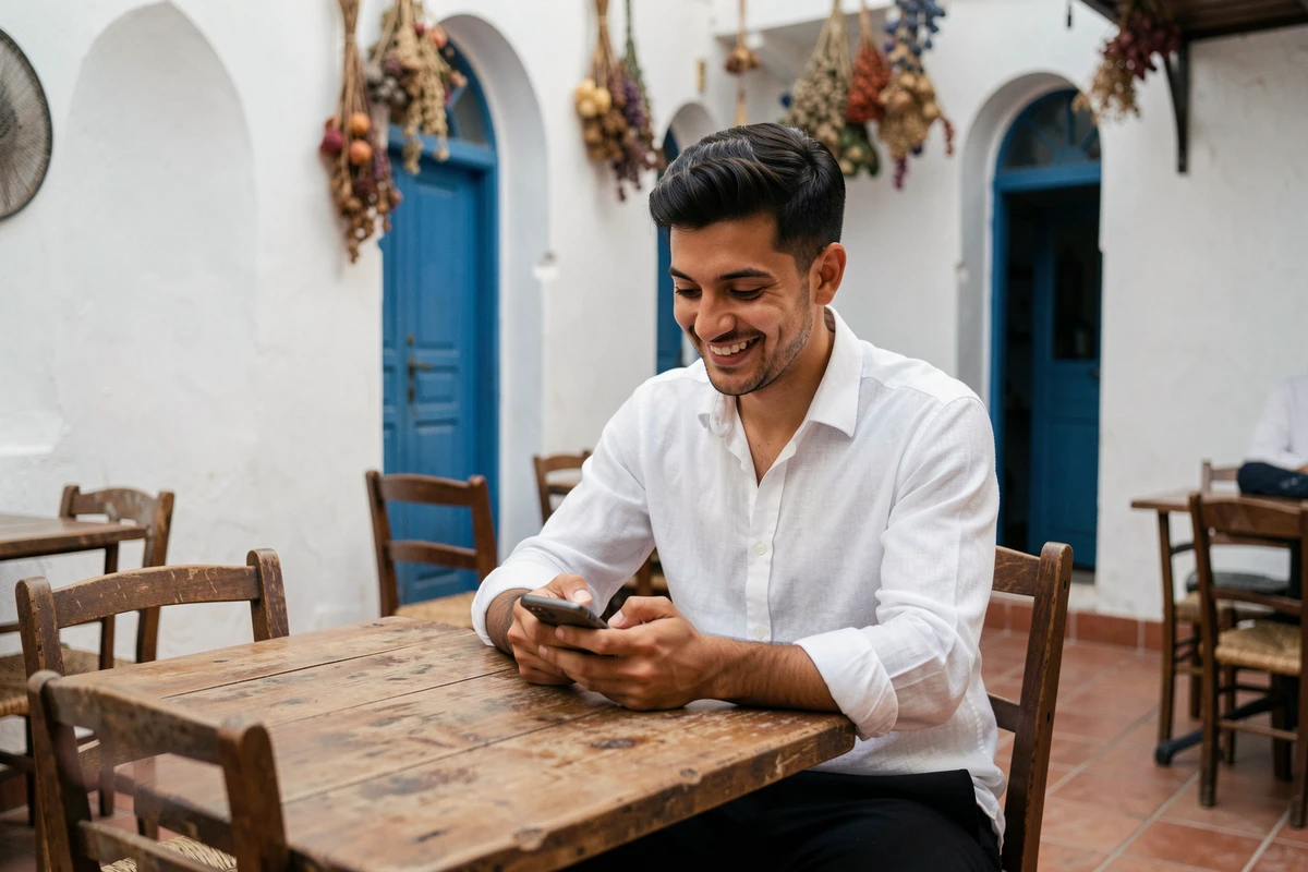 Jeune homme tunisien souriant en train de répondre à des messages de Ramadan depuis un café traditionnel en plein air