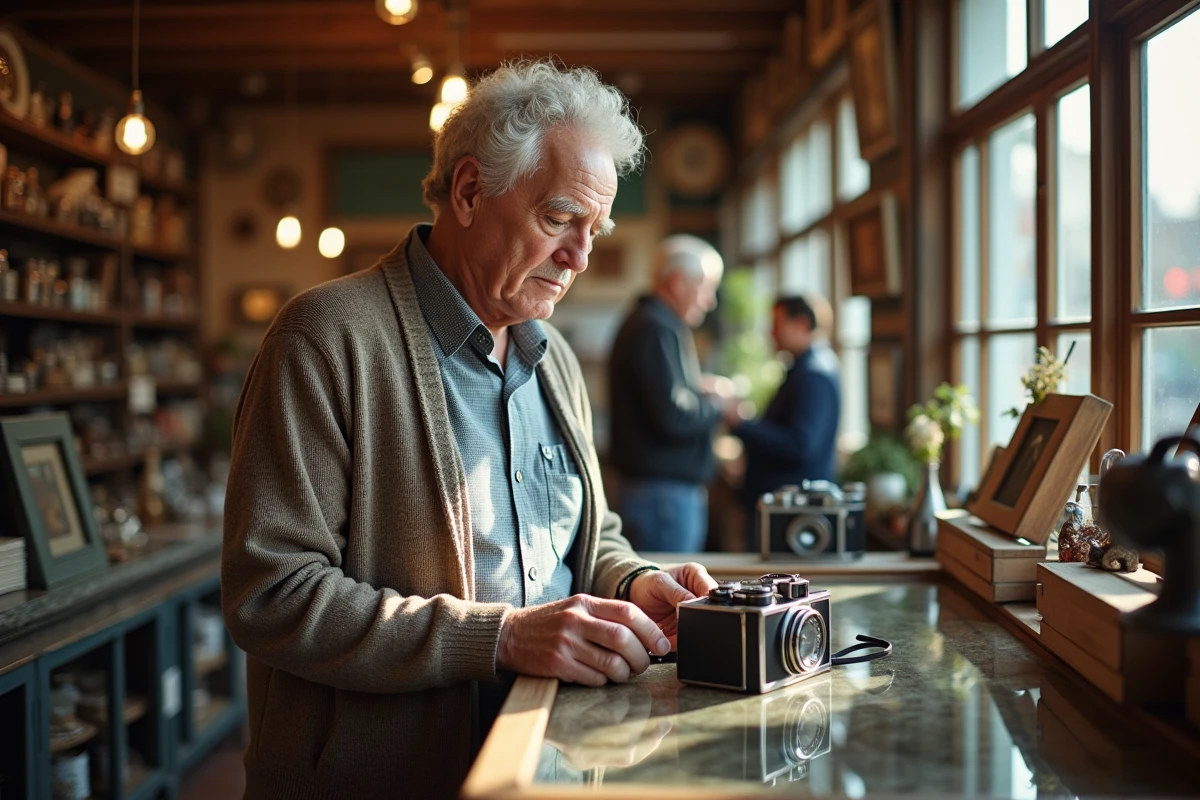 Homme âgé examinant une caméra ancienne dans une boutique