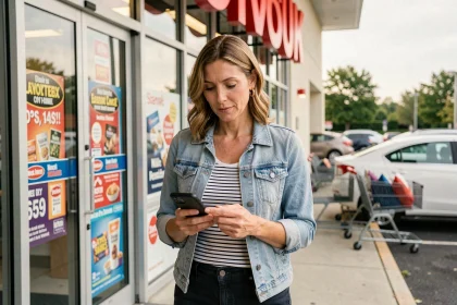 Femme vérifiant les horaires d'ouverture du magasin Action le dimanche sur son smartphone devant l'entrée du magasin