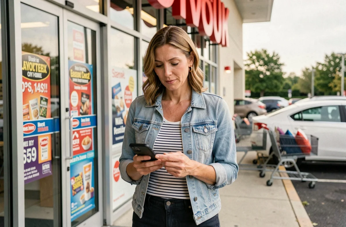 Femme vérifiant les horaires d'ouverture du magasin Action le dimanche sur son smartphone devant l'entrée du magasin