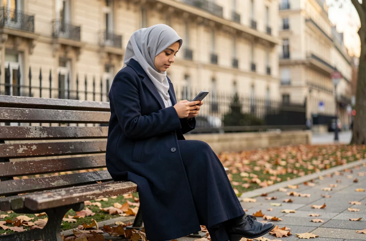 Femme consultant les horaires de prière sur son téléphone dans un parc urbain d'Annemasse en automne