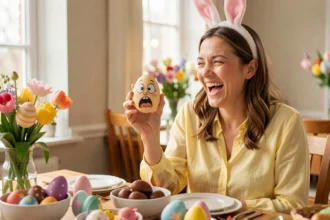 Femme souriante tenant un œuf de Pâques décoré avec une expression comique, illustrant un humour festif de bon goût pour Pâques