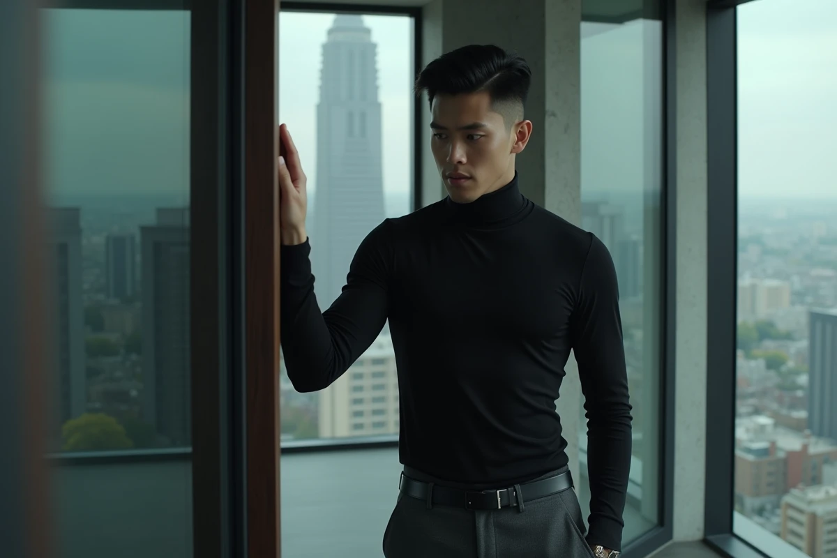 Homme élégant et possessif dans un appartement moderne avec vue urbaine, incarnant le husbando anime mystérieux et dominant