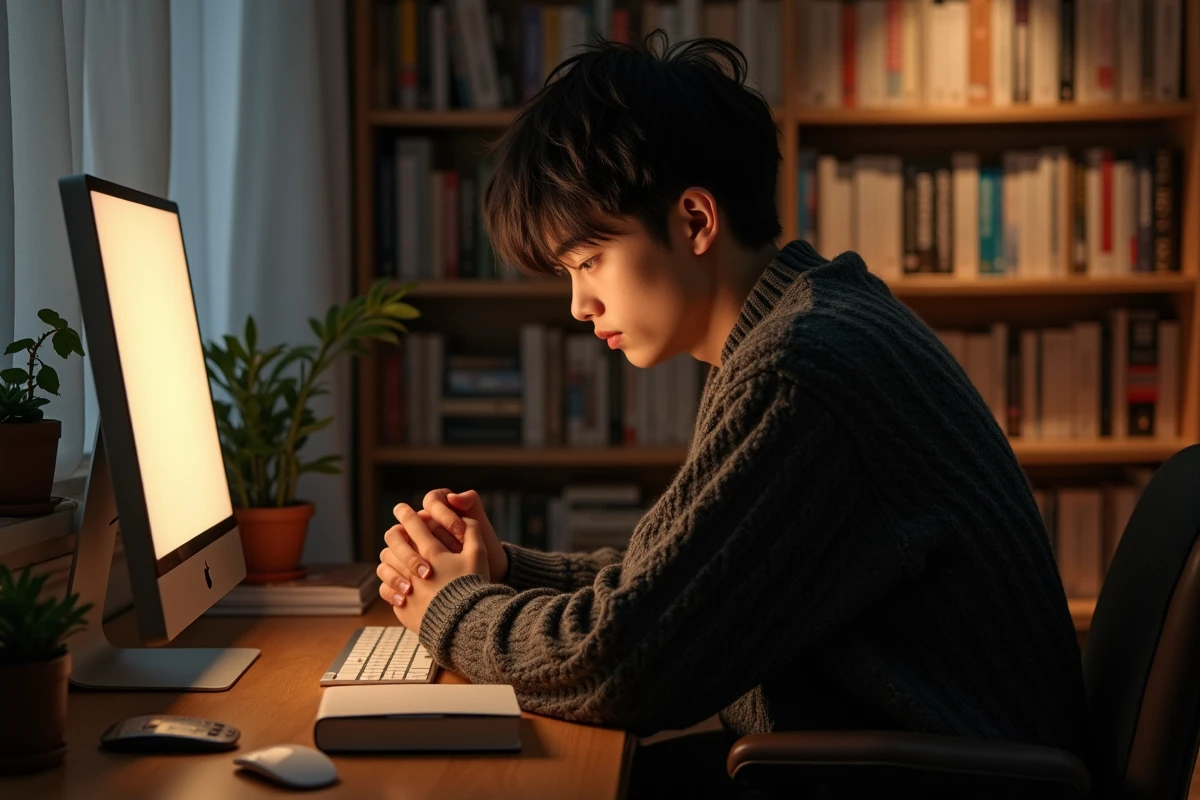 Jeune homme timide et introverti dans une chambre cosy entourée de mangas, représentant l'archétype du husbando anime timide