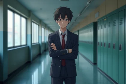 Jeune homme japonais en uniforme scolaire au couloir d'école avec expression tsundere rougissante, illustrant les types de husbandos d'anime