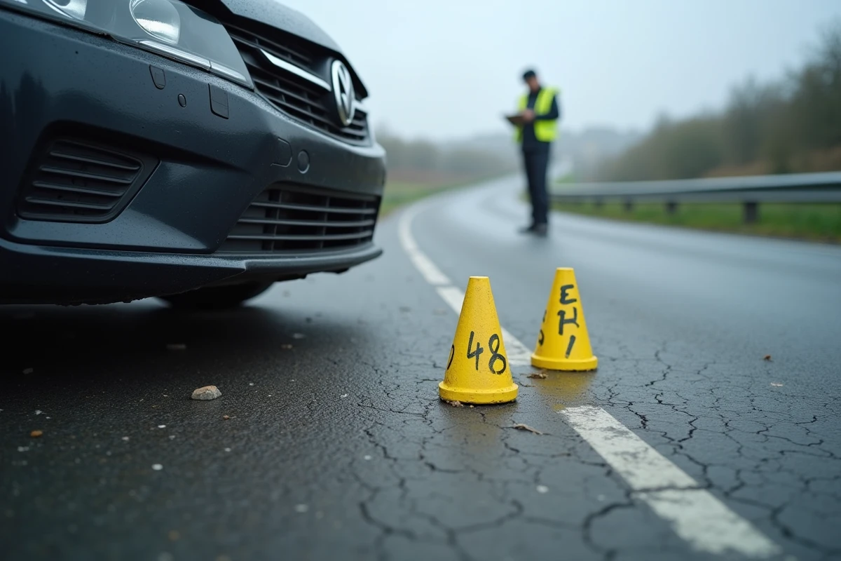 Marqueurs de preuves jaunes et pièces de véhicule endommagé sur la chaussée lors d'une enquête après un accident à Lorient