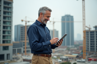 Ingénieur urbain examinant une tablette sur un chantier