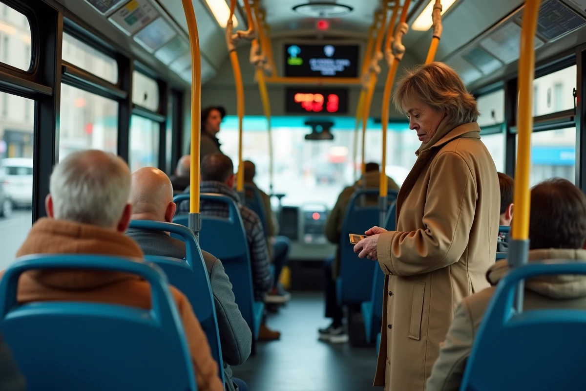 Intérieur du bus RATP ligne 192 avec des passagers et le plan de ligne affiché