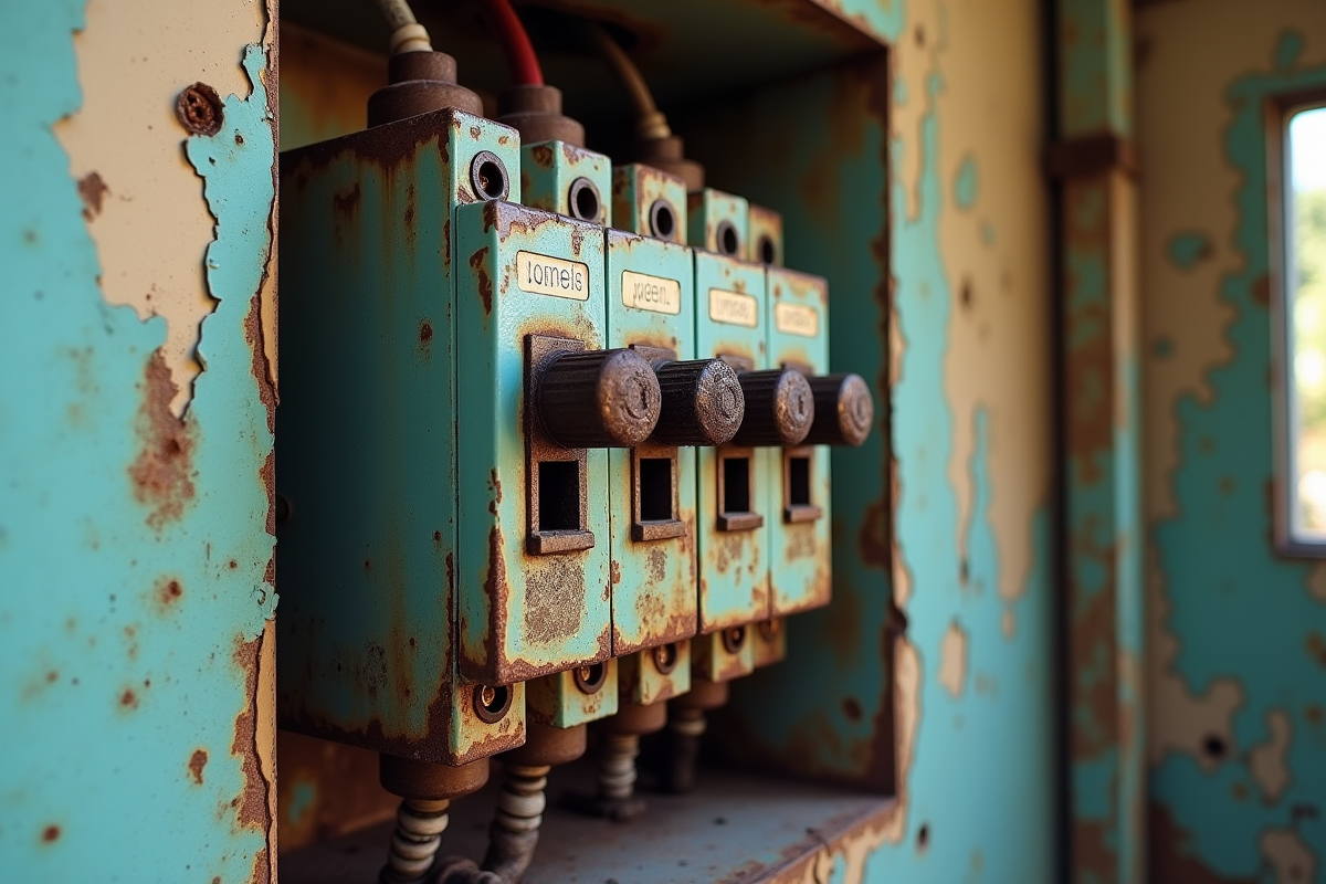 Interrupteur électrique corrodé avec fils usés sur un mur décrépi