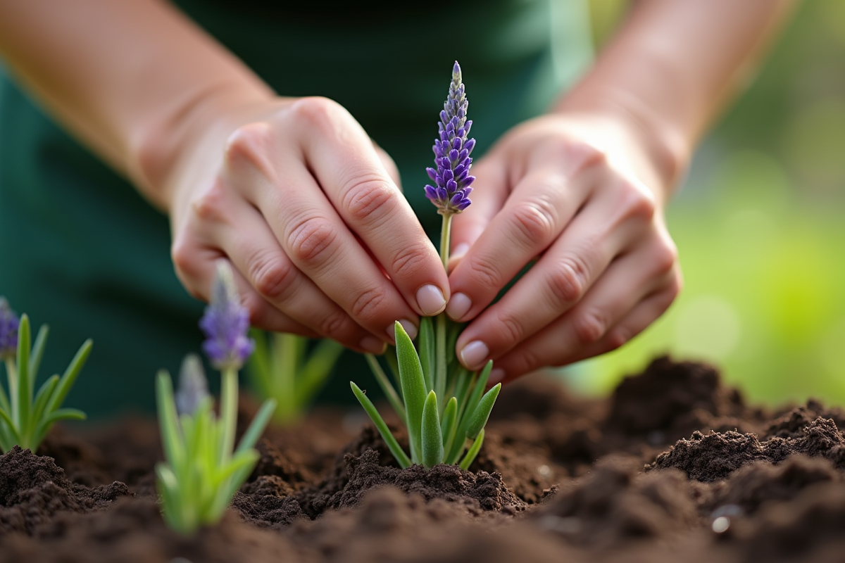 Mains de jardinier plantant de la lavande fraîche dans le sol