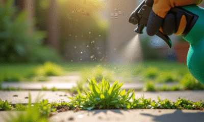 Jardinier pulvérisant un herbicide sur des mauvaises herbes vertes entre les pavés