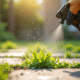 Jardinier pulvérisant un herbicide sur des mauvaises herbes vertes entre les pavés