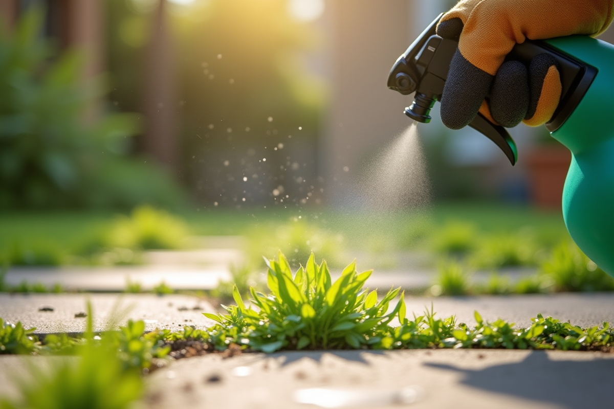 Jardinier pulvérisant un herbicide sur des mauvaises herbes vertes entre les pavés