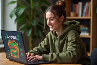 Jeune femme jouant à un jeu Google Doodle sur son ordinateur portable à la maison, avec un thème serpent coloré visible sur l'écran
